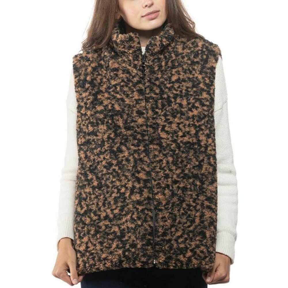 INC International Concepts Womens Size S/M Animal-Print Faux-Fur Vest Tan $129